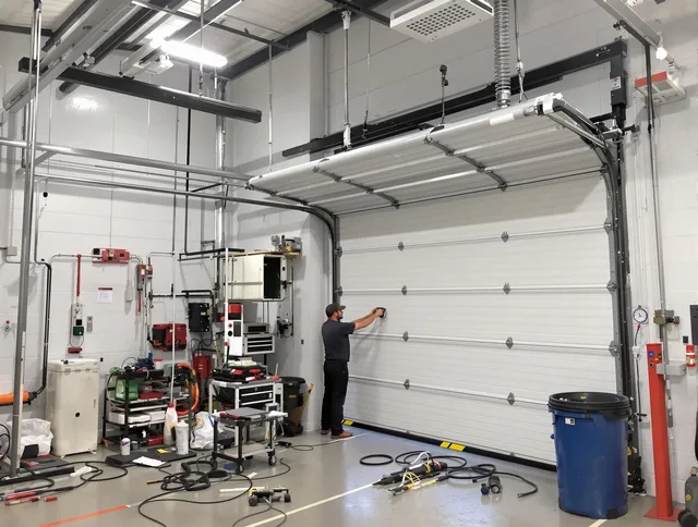 Clinton Garage Door Repair certified technician performing commercial door repair at a Clinton business facility