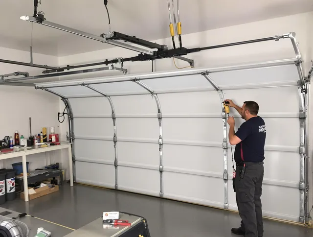 Clinton Garage Door Repair certified technician performing overhead door system repair in Clinton